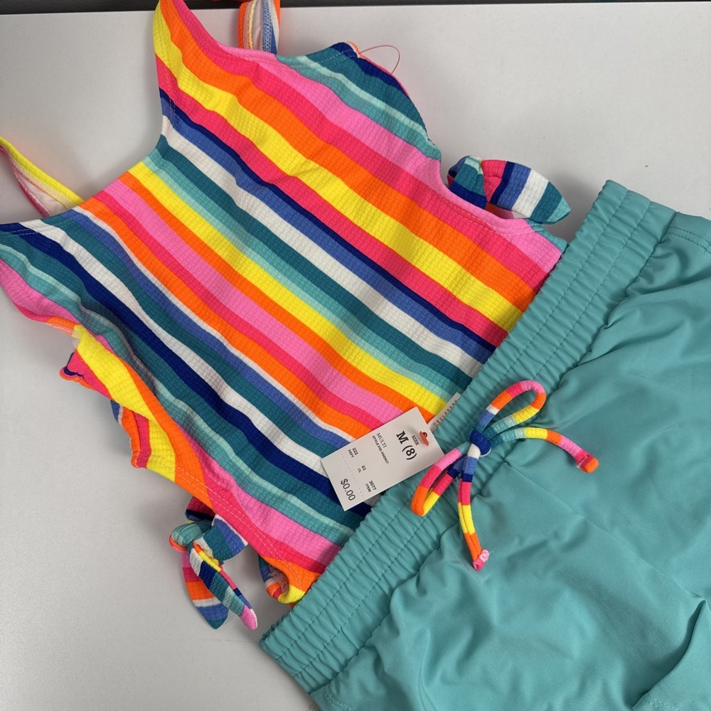 Girls Rainbow Striped Cutout Swimsuit Set Cat & Jack Sz 8 NWT Summer - Picture 3 of 14